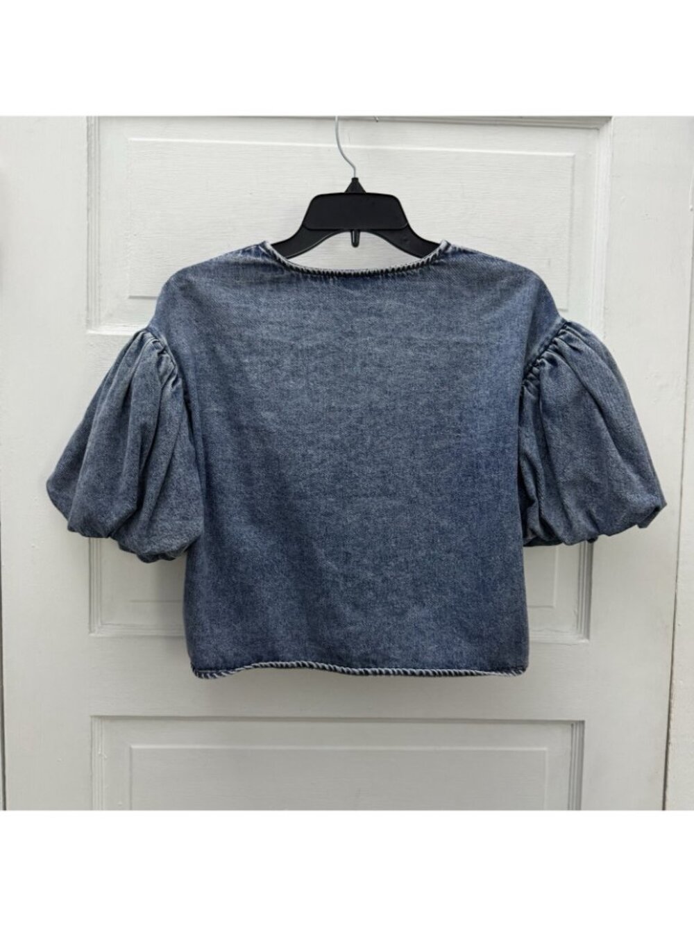 Future Collective Denim Puff Sleeve Crop Top XS Button Front Cotton Blue - Picture 3 of 7